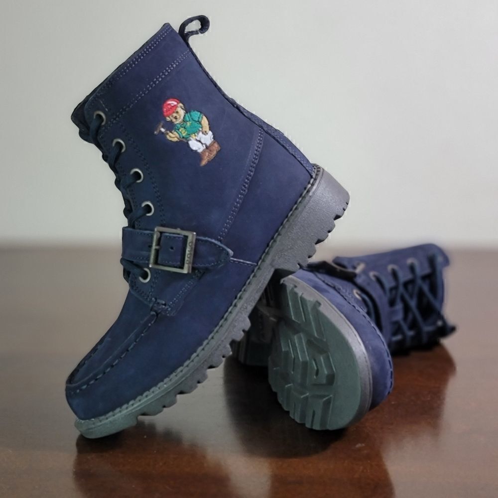 Polo Ralph Lauren Bear Ranger Leather Boots Navy Blue Black Youth Size 2 New